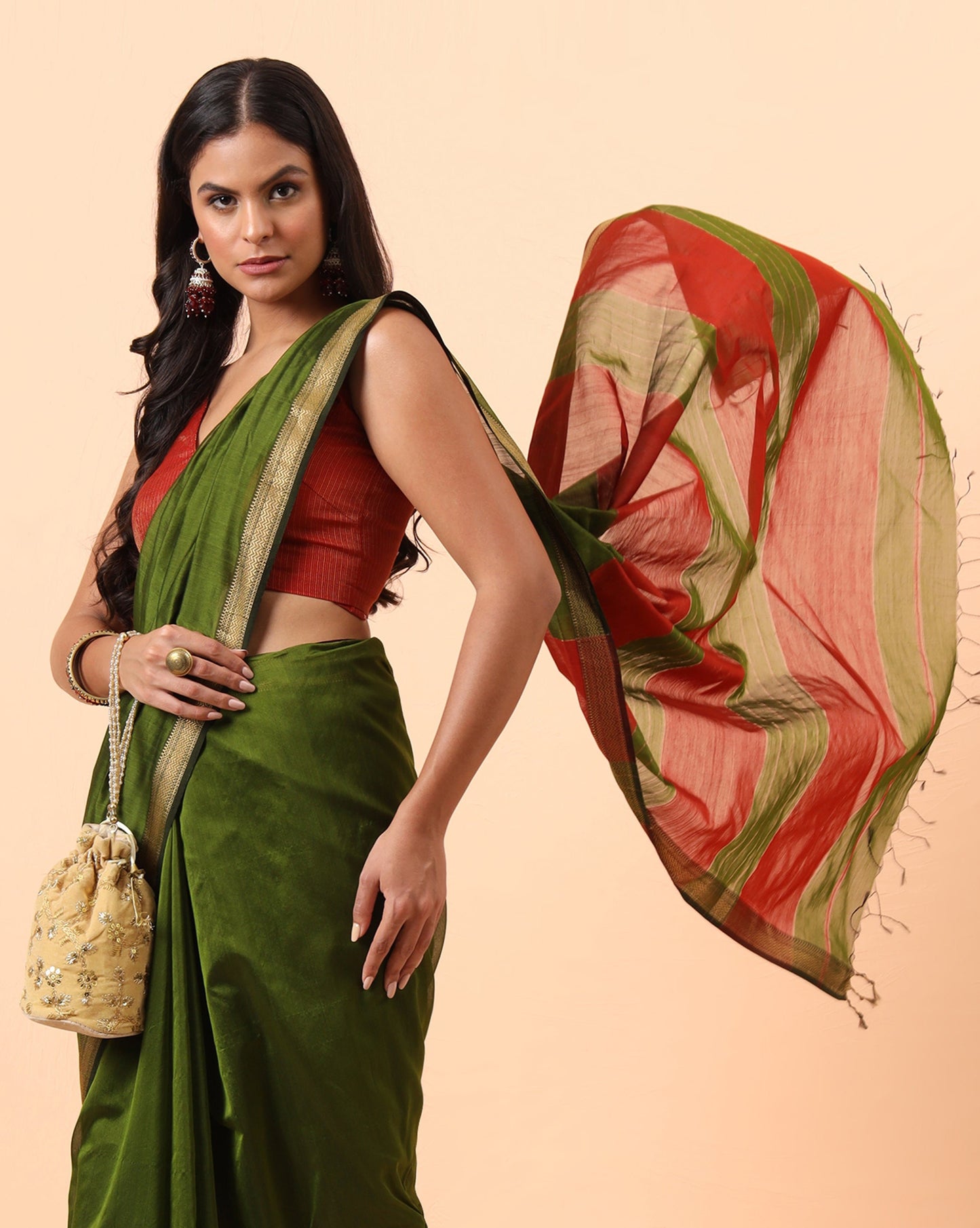 Forest Green Maheshwari Handwoven Saree