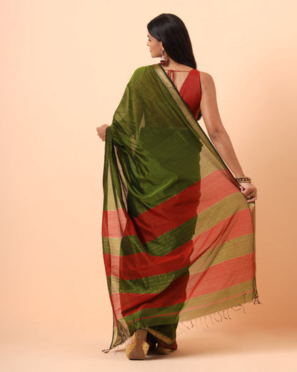 Olive Green Maheshwari Handwoven saree