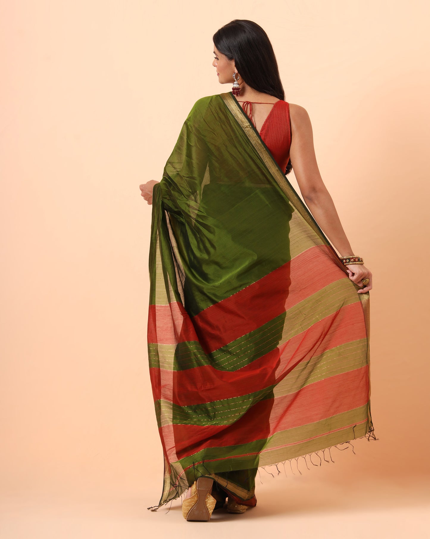 Forest Green Maheshwari Handwoven Saree