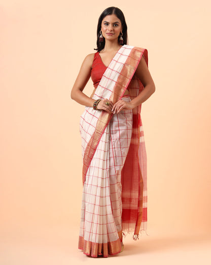 Off White Checks Maheshwari Handwoven Saree