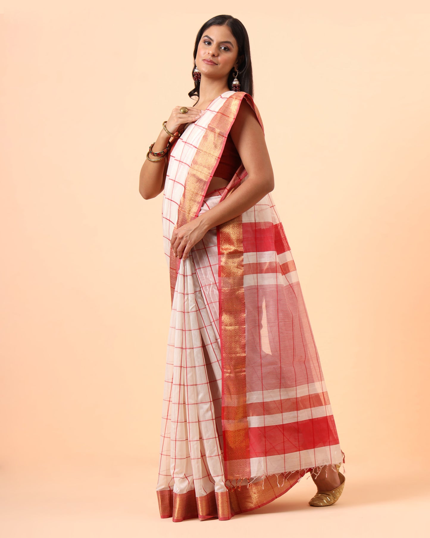 Off White Checks Maheshwari Handwoven Saree