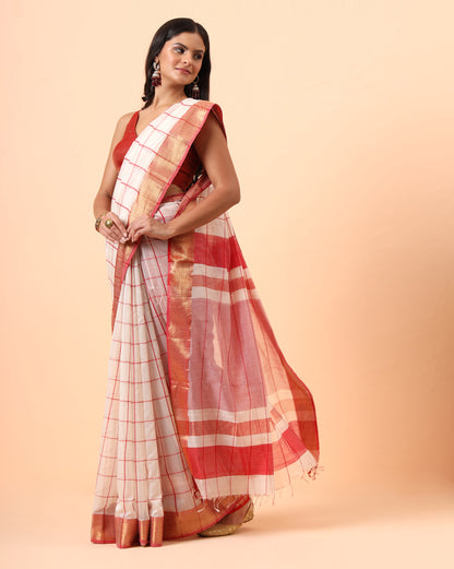 Off White Checks Maheshwari Handwoven Saree