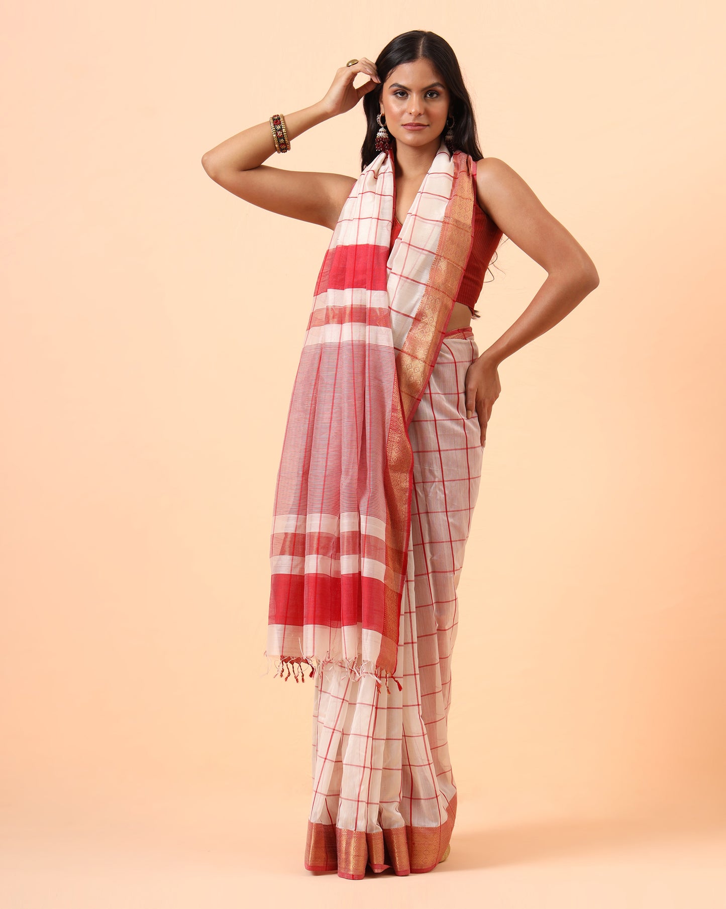 Off White Checks Maheshwari Handwoven Saree