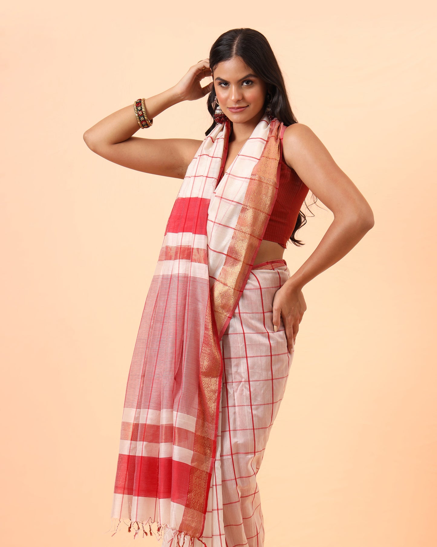 Off White Checks Maheshwari Handwoven Saree