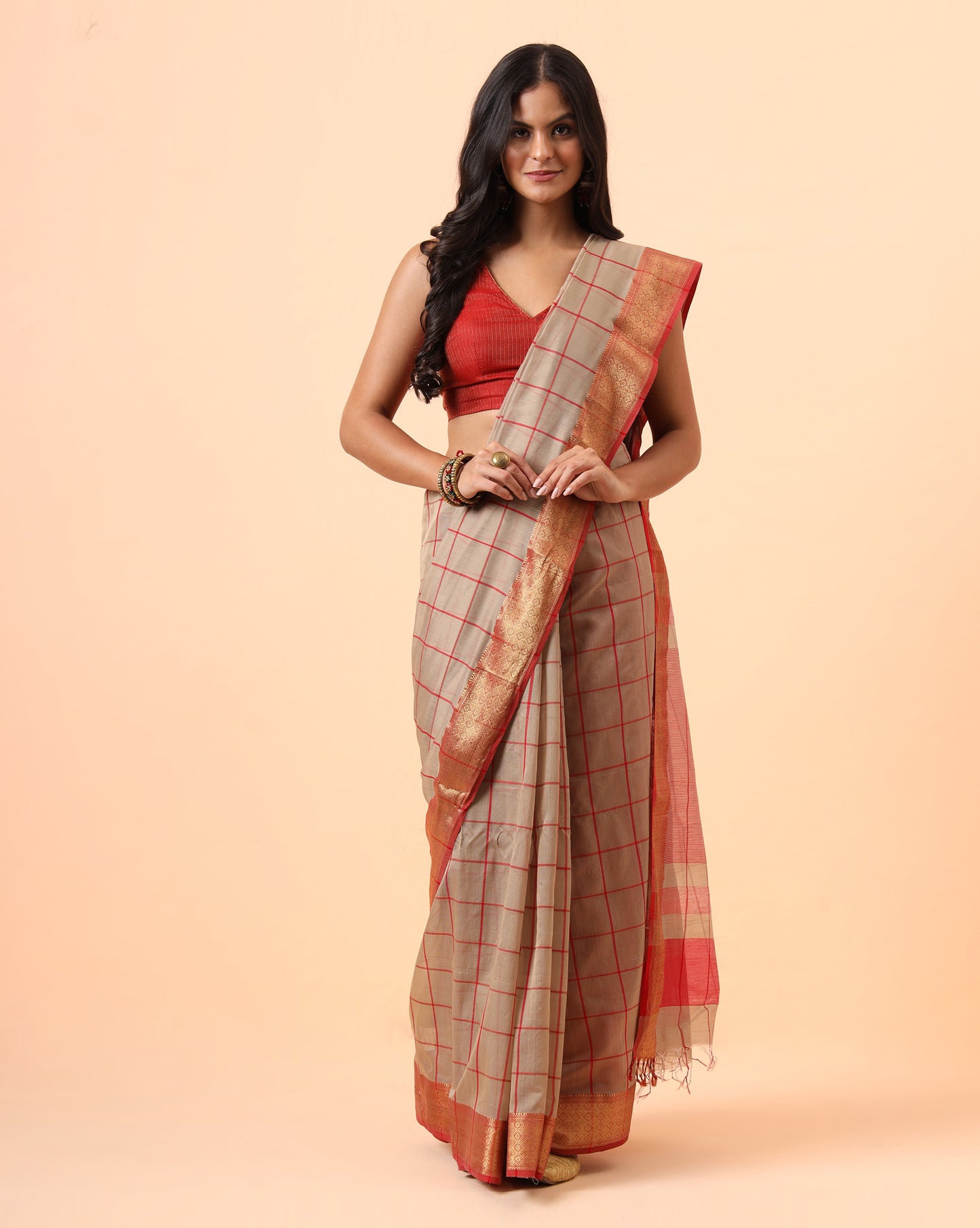 Beige Checks Maheshwari Handwoven Saree