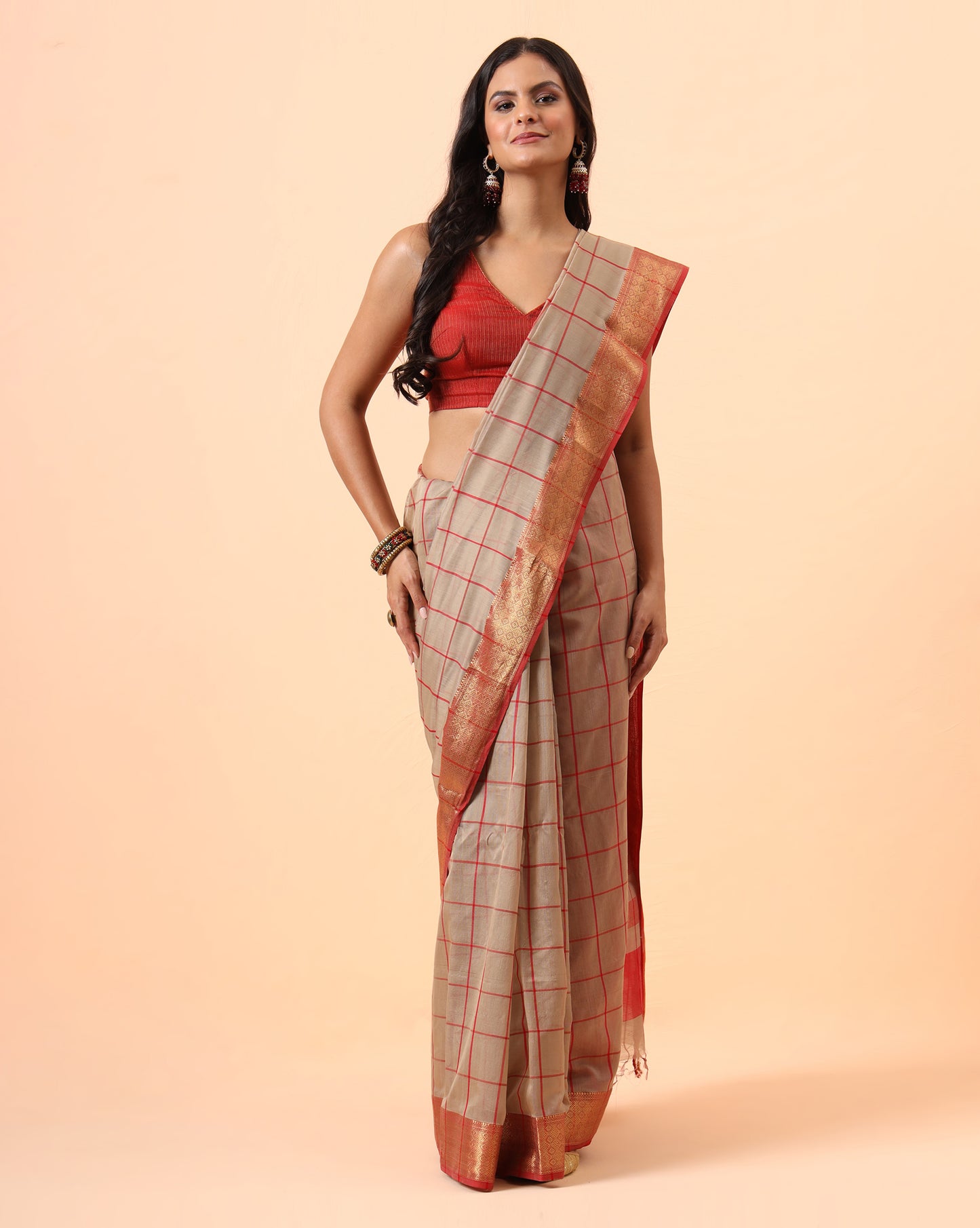 Beige Checks Maheshwari Handwoven Saree