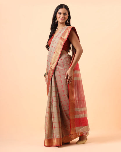 Beige Checks Maheshwari Handwoven Saree