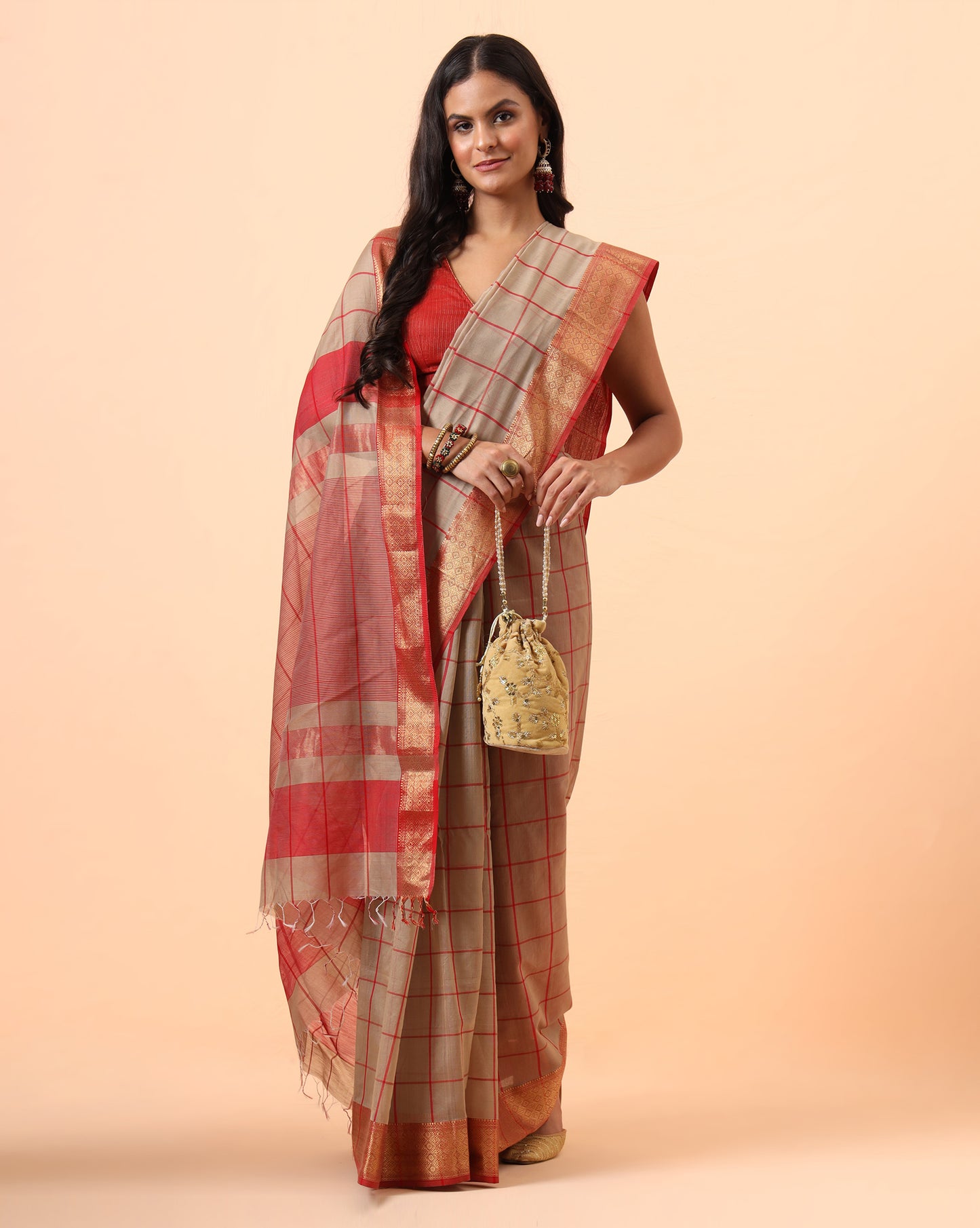 Beige Checks Maheshwari Handwoven Saree