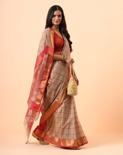 Beige Checks Maheshwari Handwoven Saree