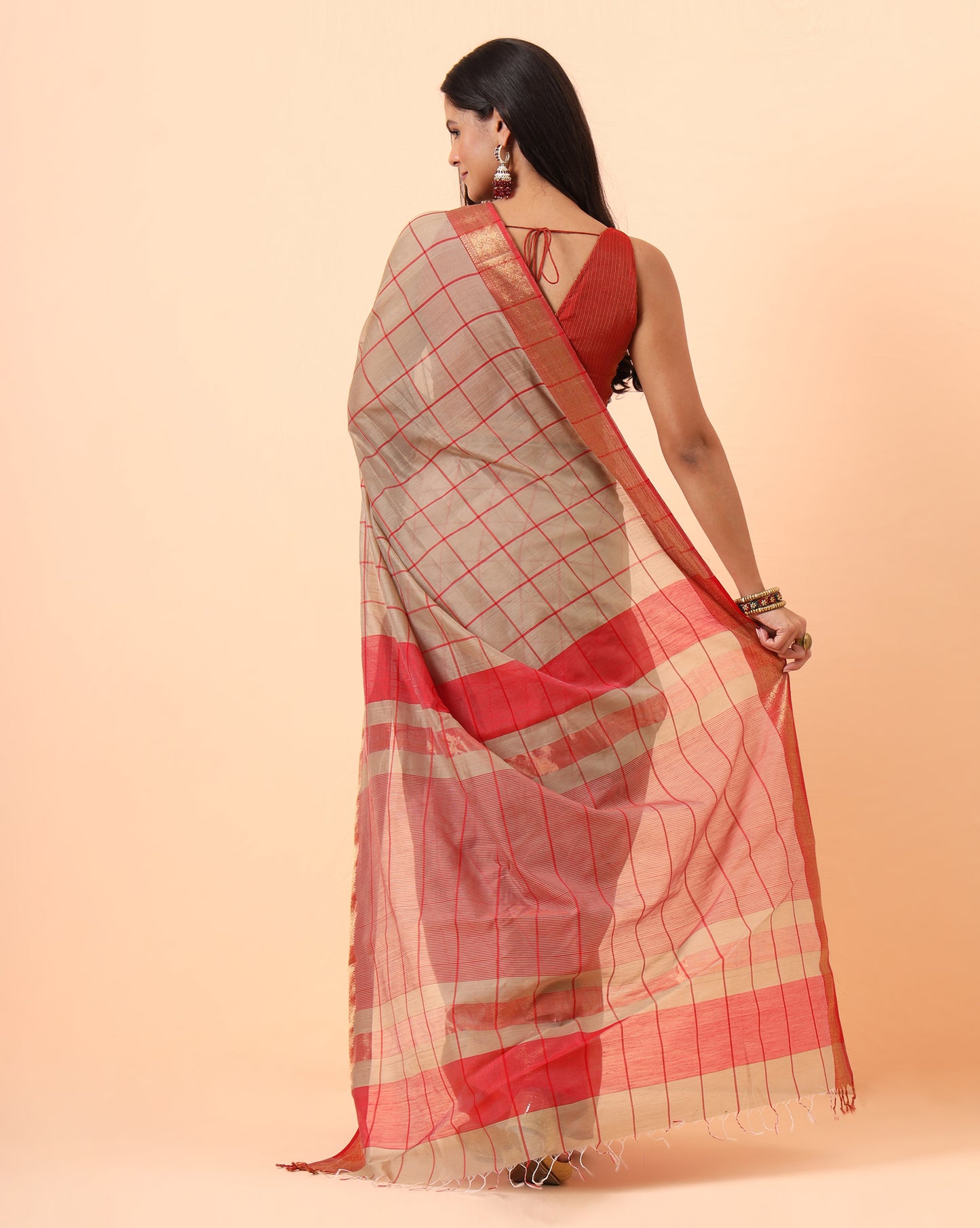 Beige Checks Maheshwari Handwoven Saree