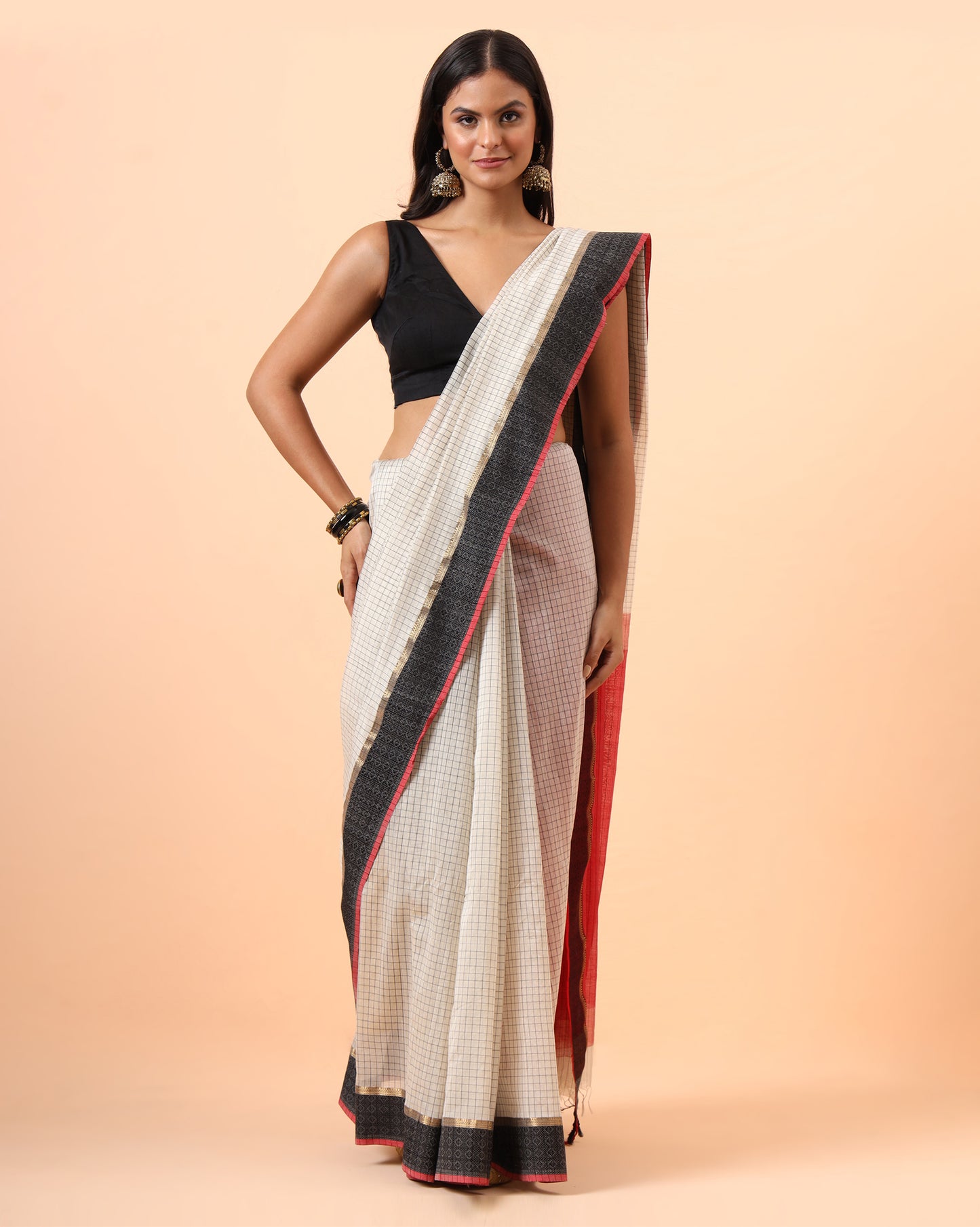 Off White checks Resham Border Maheshwari Handwoven Saree