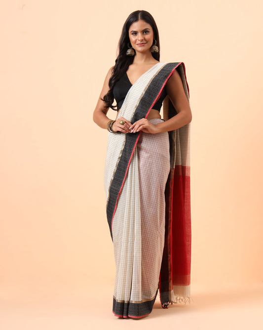 Off White checks Resham Border Maheshwari Handwoven Saree