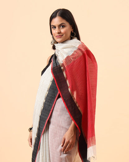 Off White checks Resham Border Maheshwari Handwoven Saree