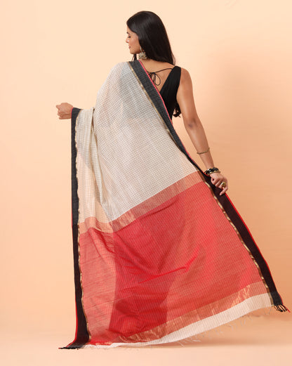 Off White checks Resham Border Maheshwari Handwoven Saree