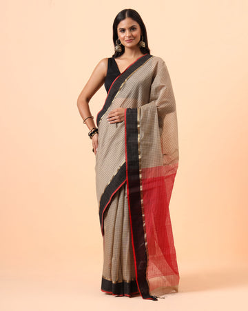 Beige Checks Resham Border Maheshwari Handwoven Saree