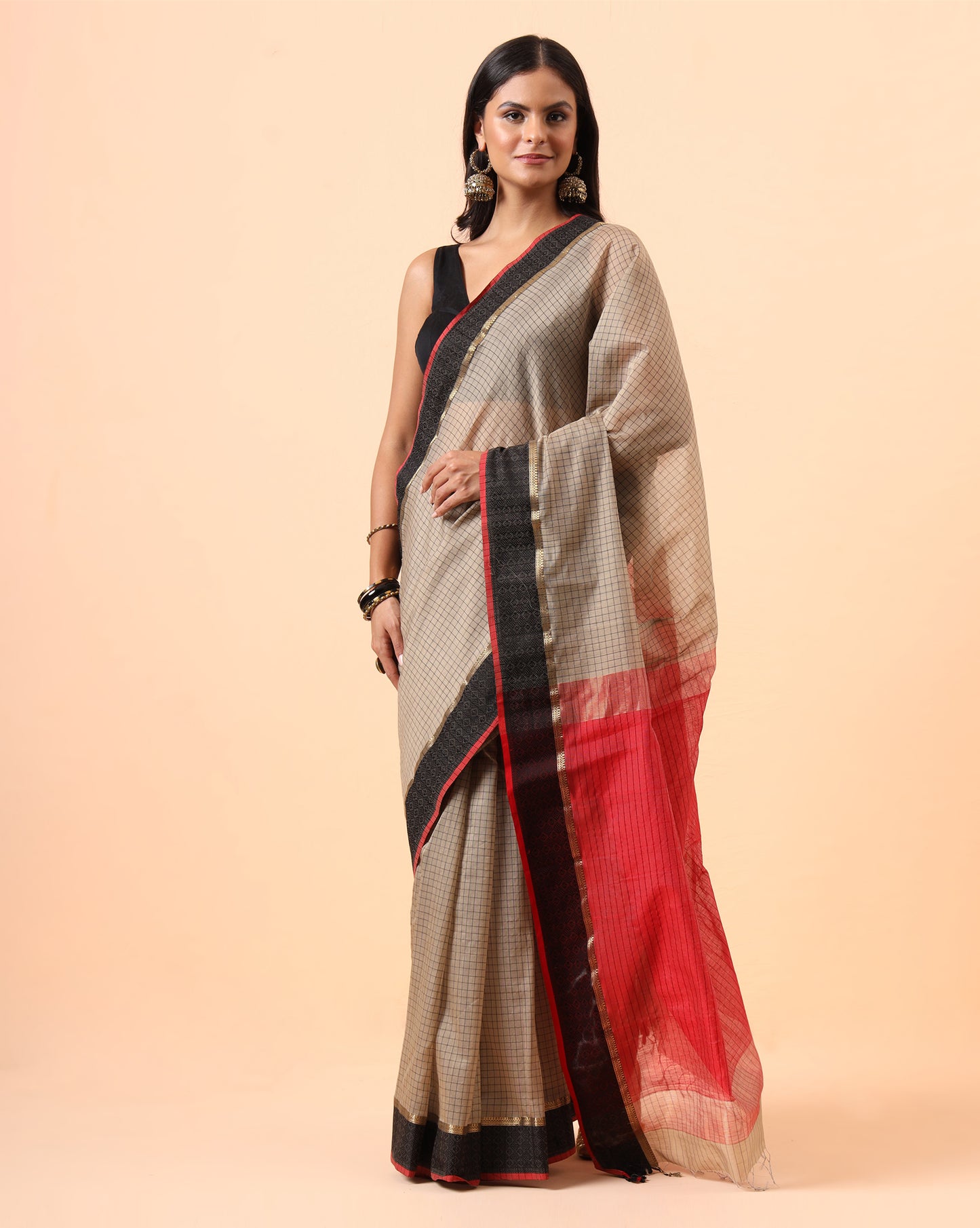 Beige Checks Resham Border Maheshwari Handwoven Saree