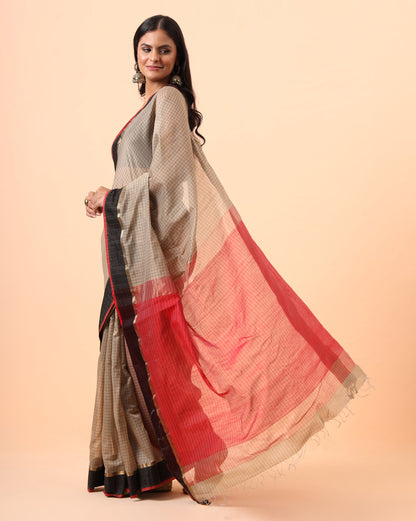 Beige Checks Resham Border Maheshwari Handwoven Saree