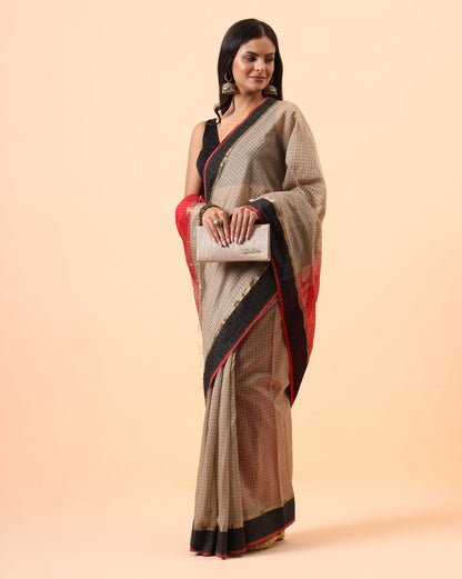 Beige Checks Resham Border Maheshwari Handwoven Saree