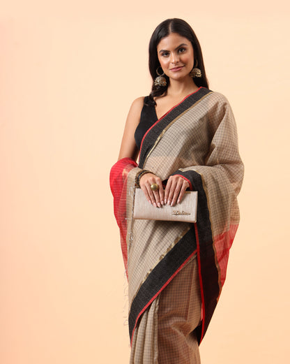 Beige Checks Resham Border Maheshwari Handwoven Saree