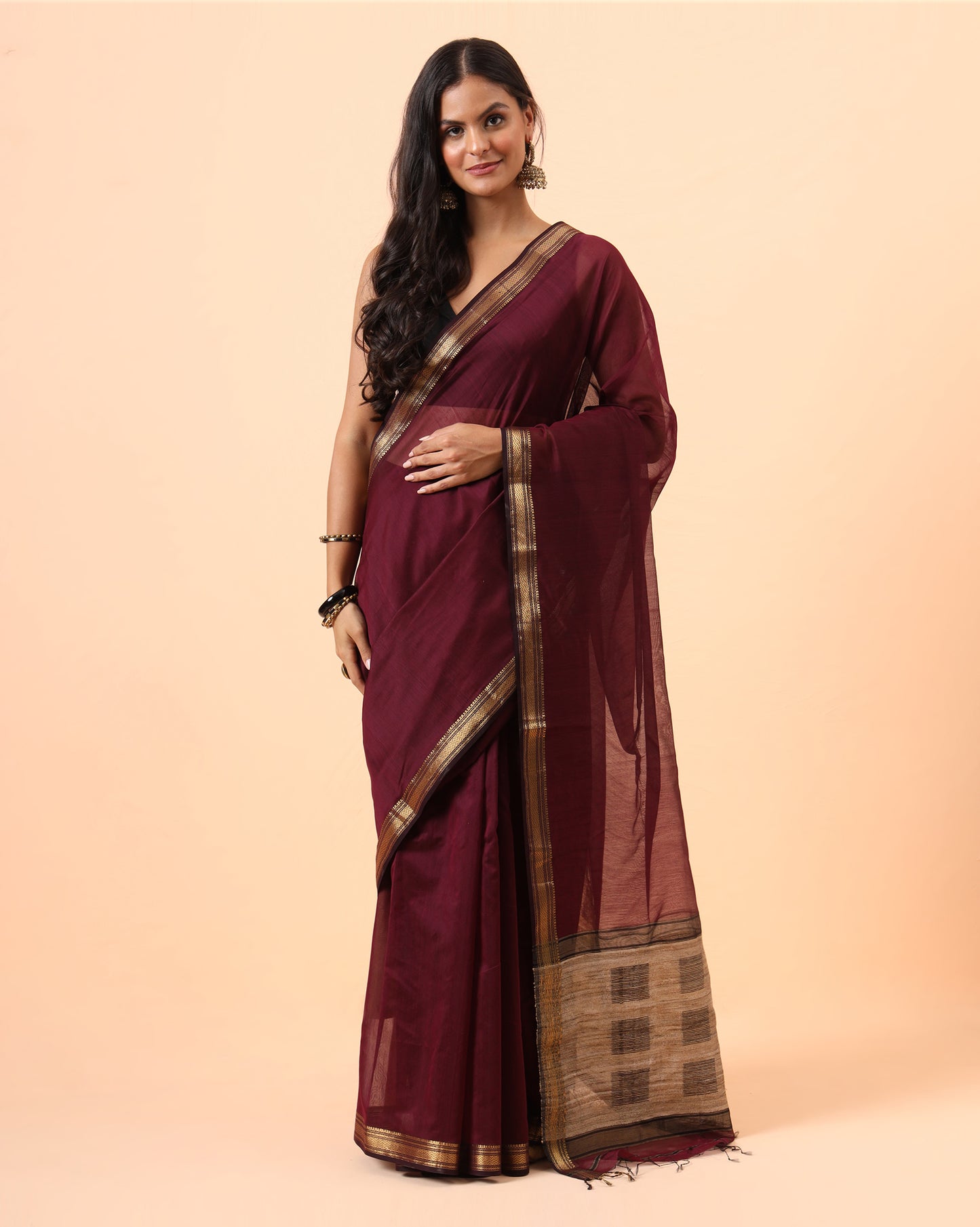 Wine Maheshwari Saree With Jute Pallu Work