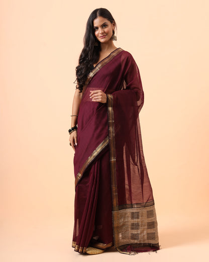 Wine Maheshwari Saree With Jute Pallu Work