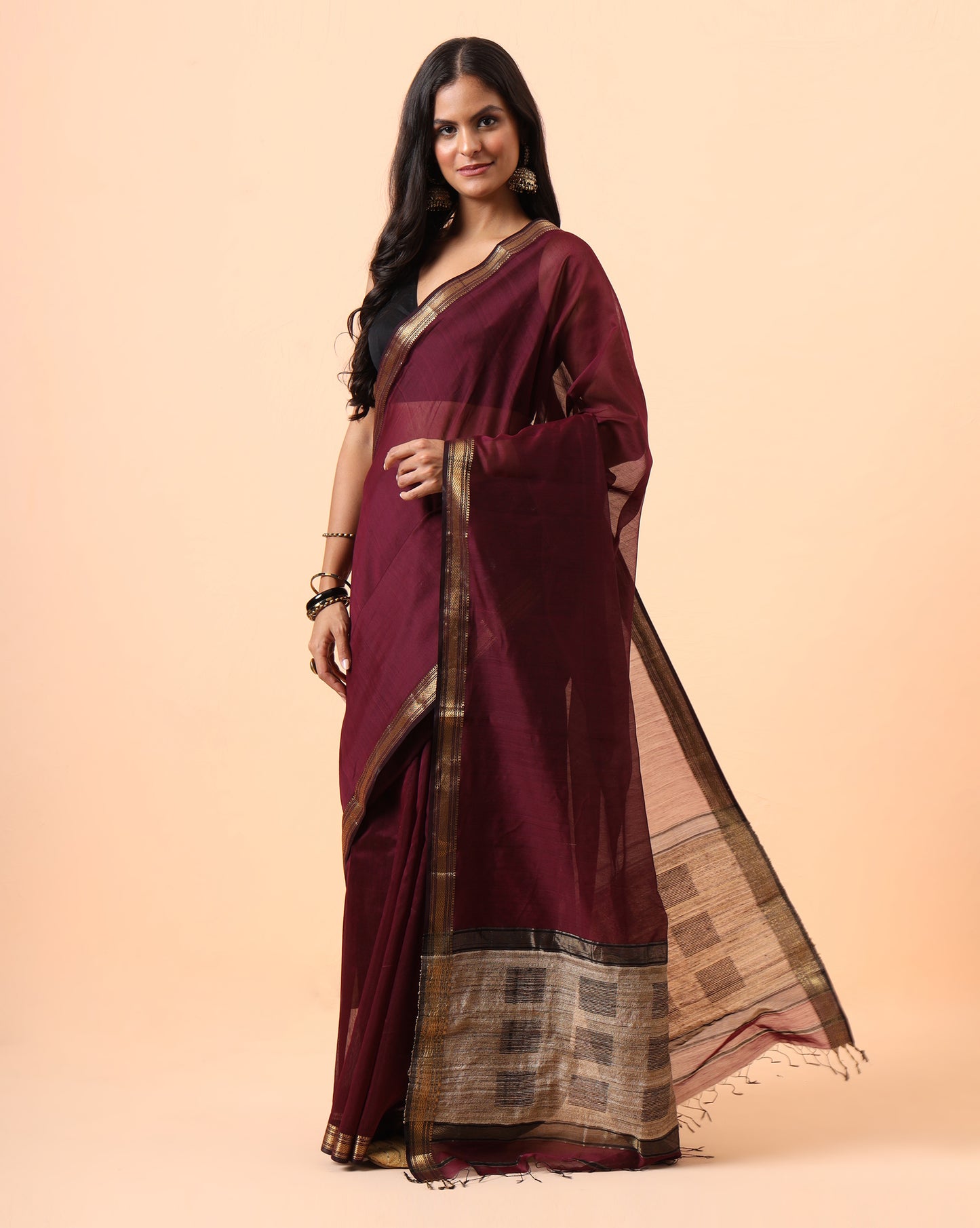 Wine Maheshwari Saree With Jute Pallu Work