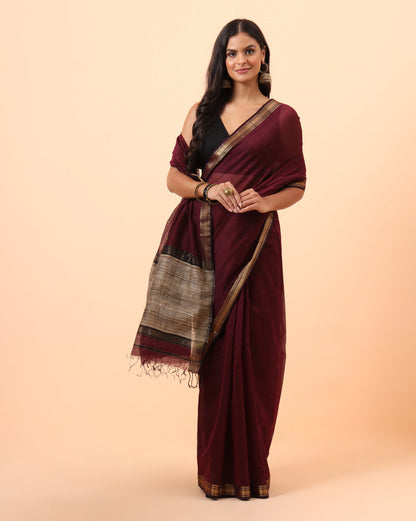 Wine Maheshwari Saree With Jute Pallu Work