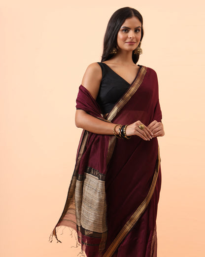 Wine Maheshwari Saree With Jute Pallu Work