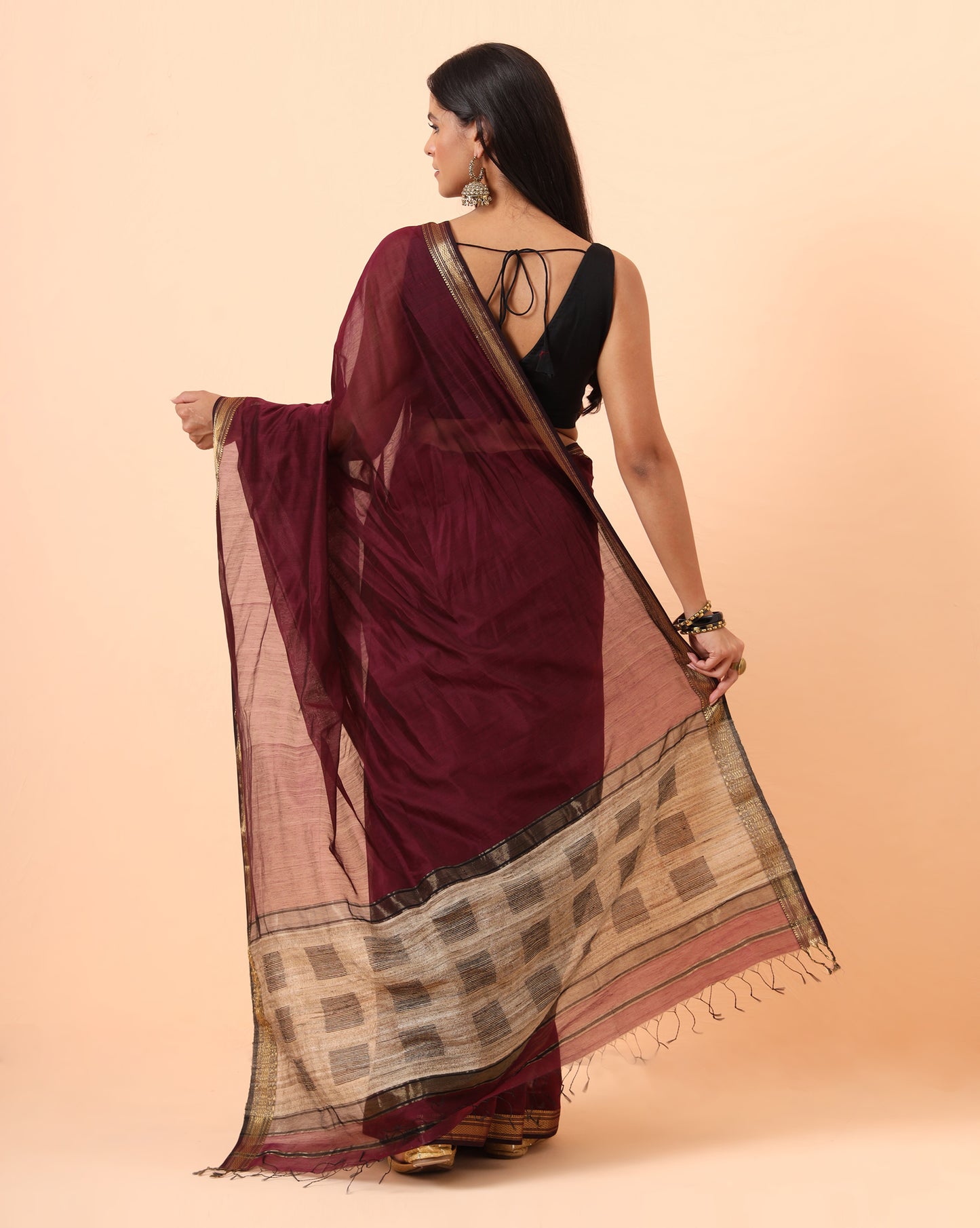 Wine Maheshwari Saree With Jute Pallu Work