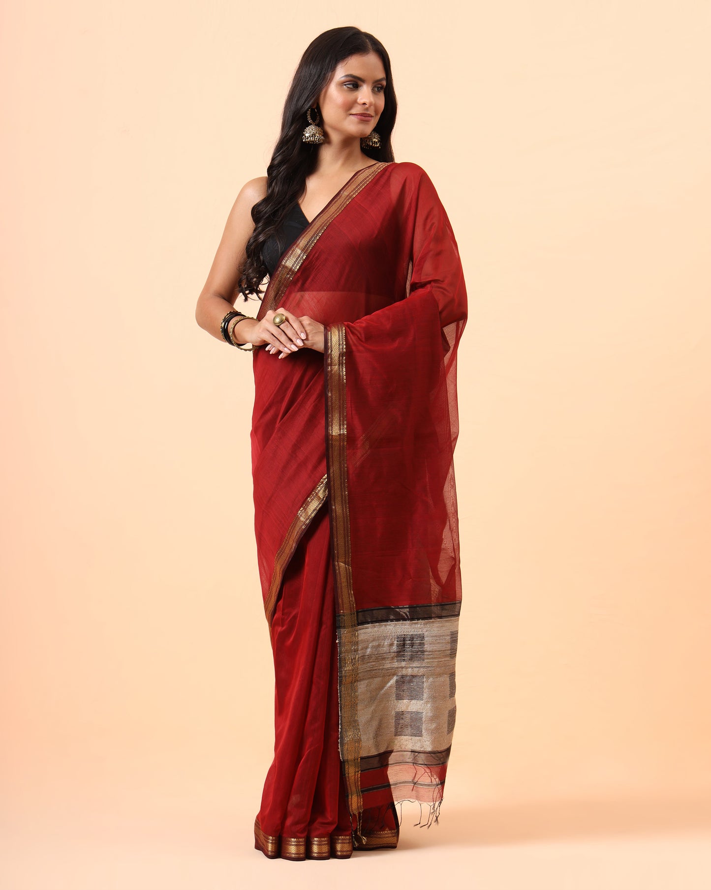 Maroon Maheshwari Saree with Jute Pallu Work