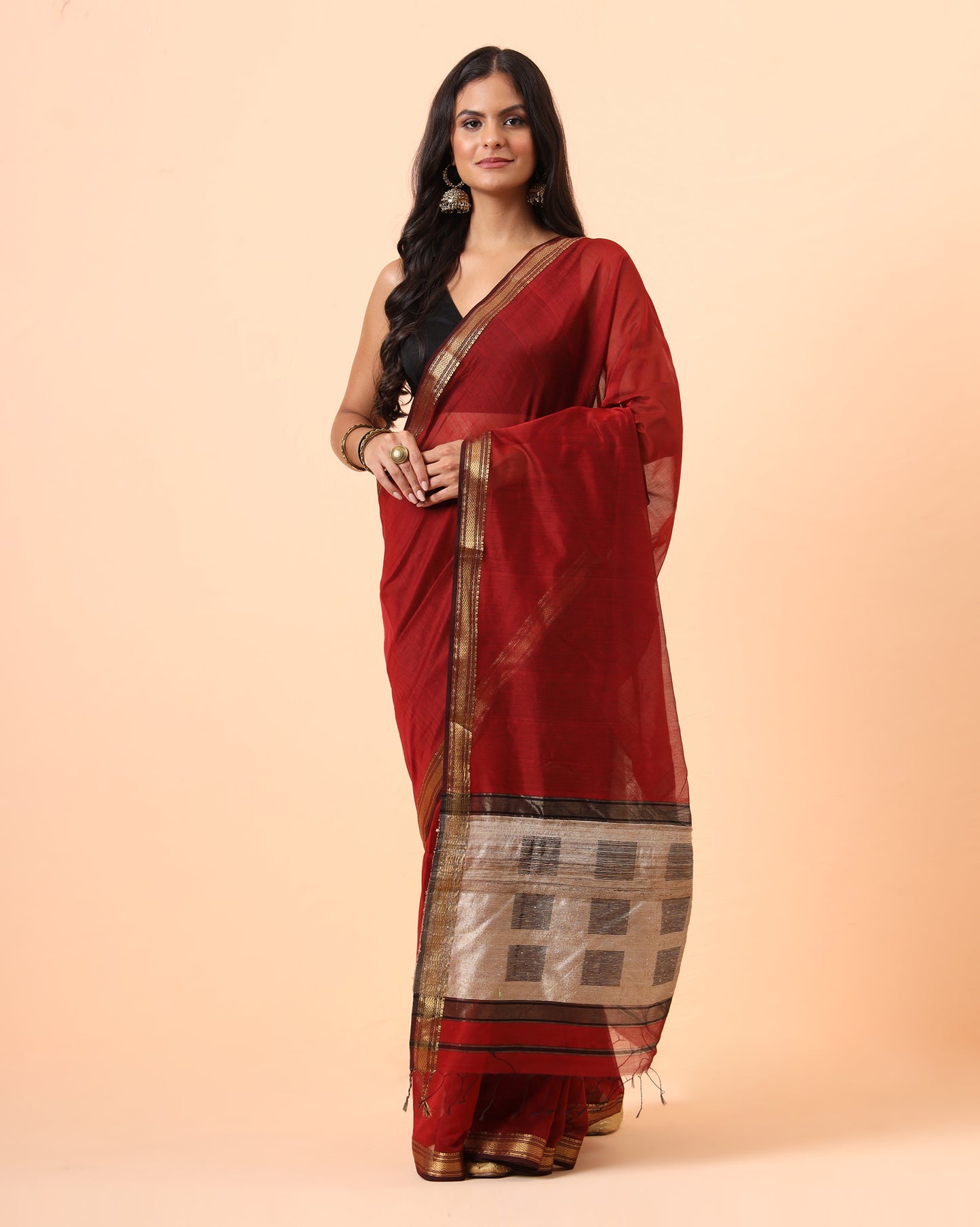 Maroon Maheshwari Saree with Jute Pallu Work