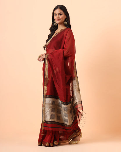 Maroon Maheshwari Saree with Jute Pallu Work