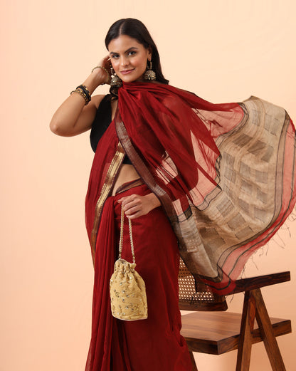 Maroon Maheshwari Saree with Jute Pallu Work