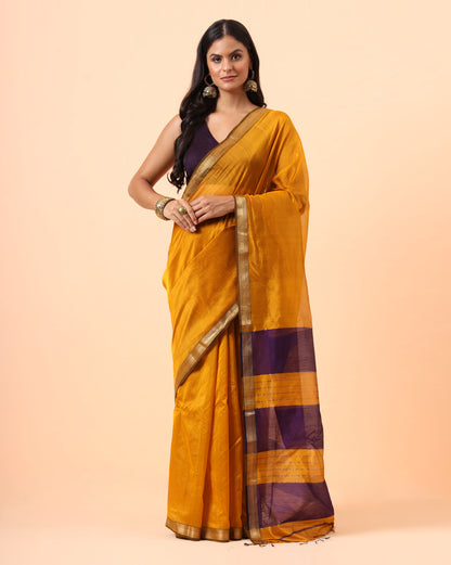 Mustard Maheshwari Handwoven Jari Border Saree