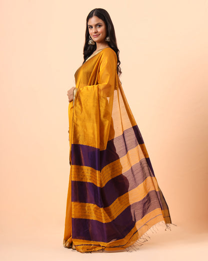 Mustard Maheshwari Handwoven Jari Border Saree