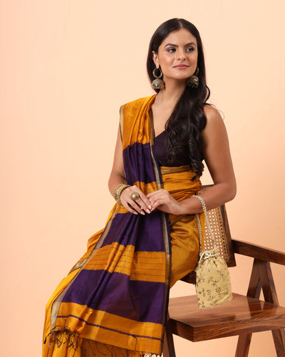 Mustard Maheshwari Handwoven Jari Border Saree