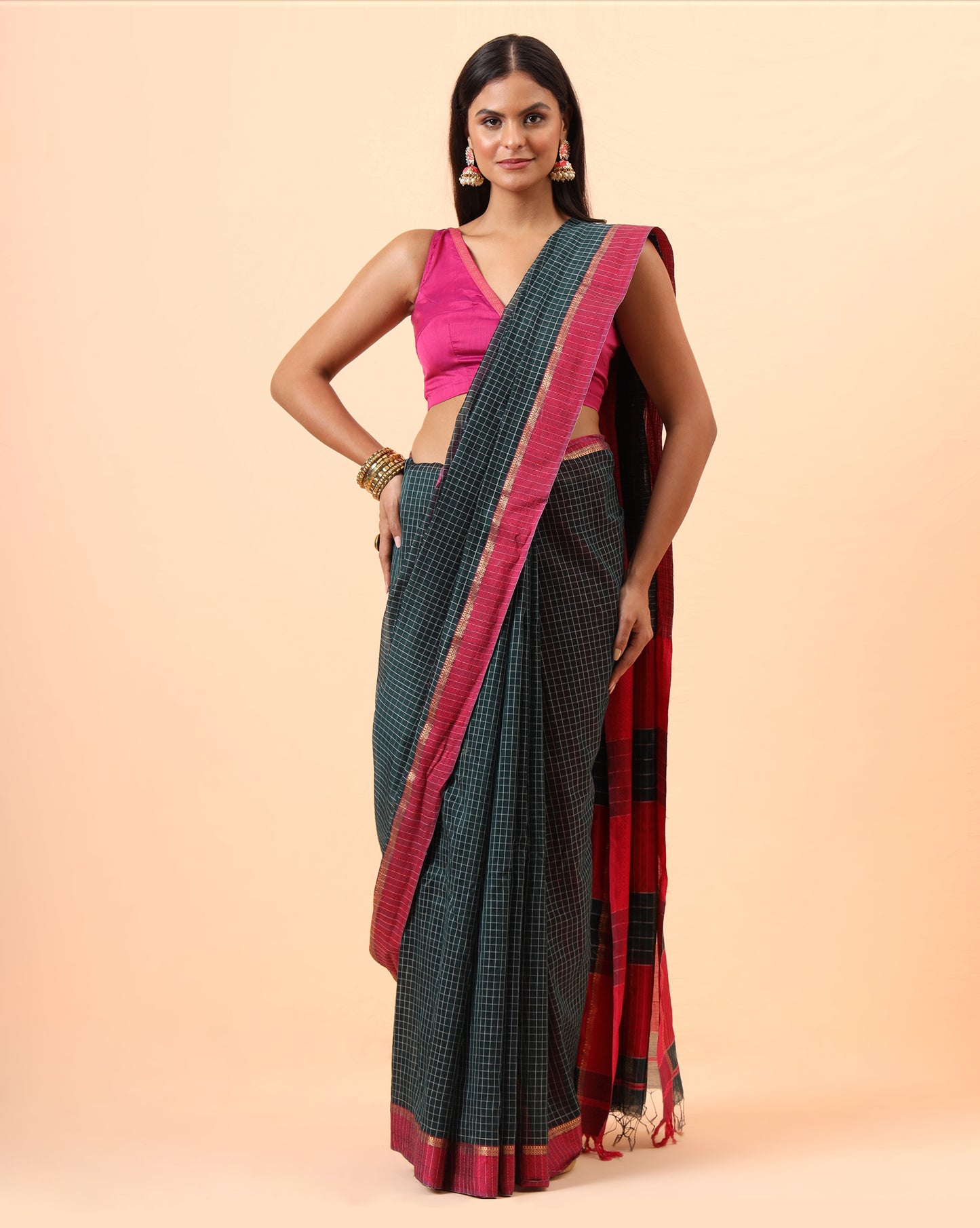 Black Checks with Pink Resham Border Maheshwari Handwoven Saree