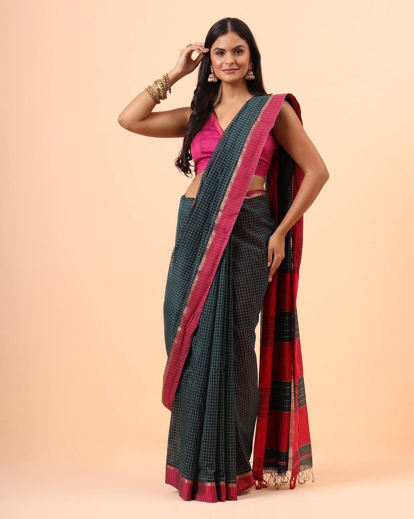 Black Checks with Pink Resham Border Maheshwari Handwoven Saree