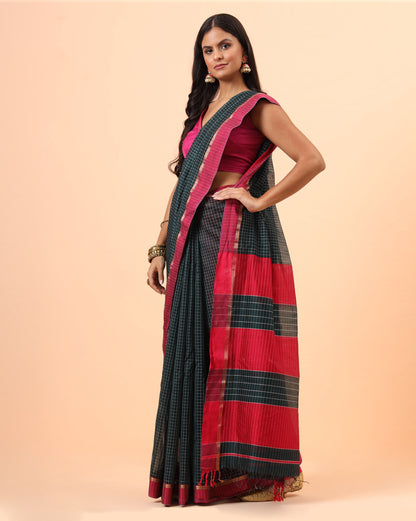 Black Checks with Pink Resham Border Maheshwari Handwoven Saree