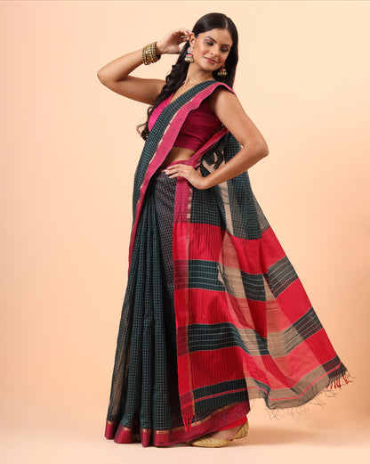 Black Checks with Pink Resham Border Maheshwari Handwoven Saree