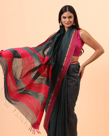 Black Checks with Pink Resham Border Maheshwari Handwoven Saree