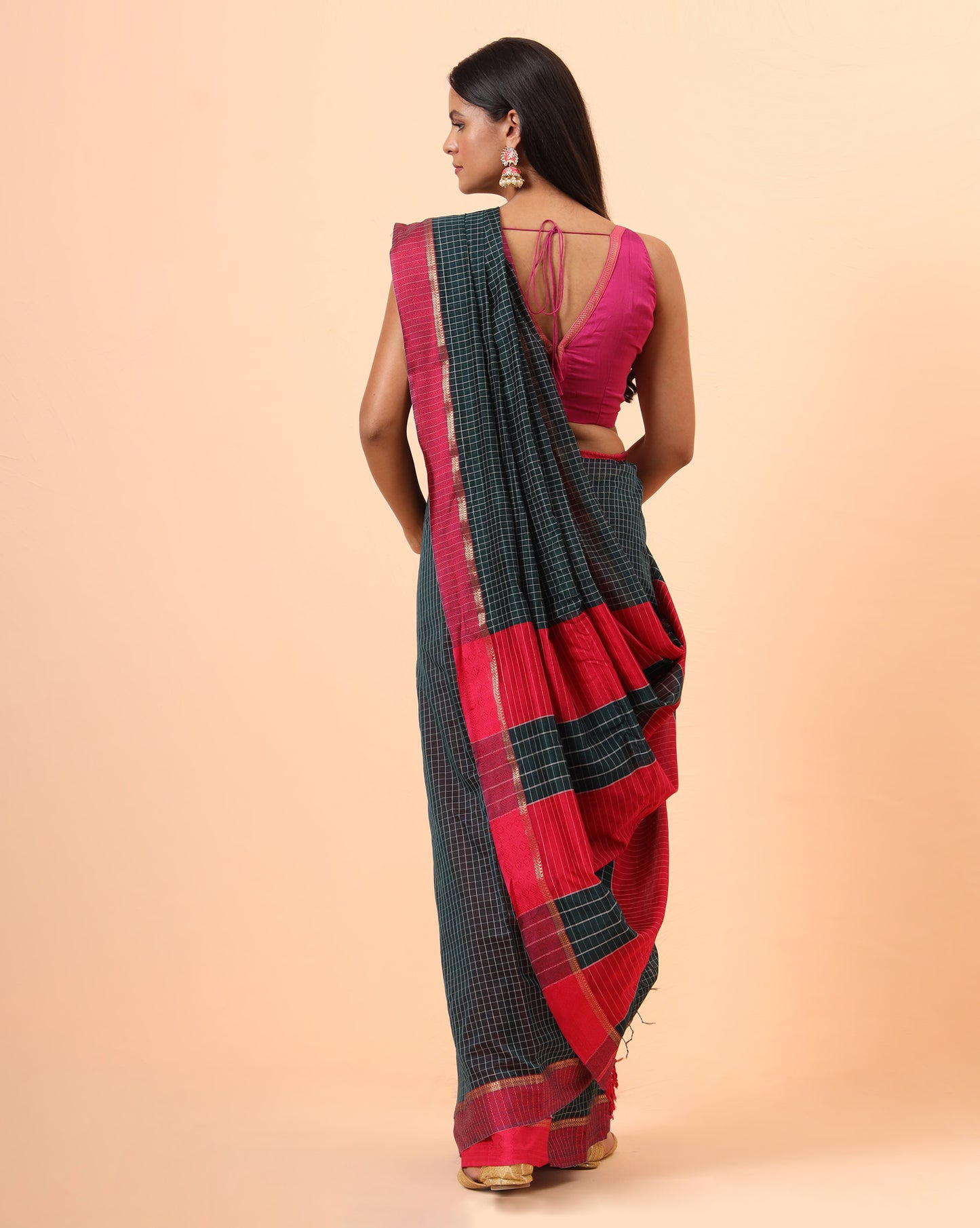 Black Checks with Pink Resham Border Maheshwari Handwoven Saree