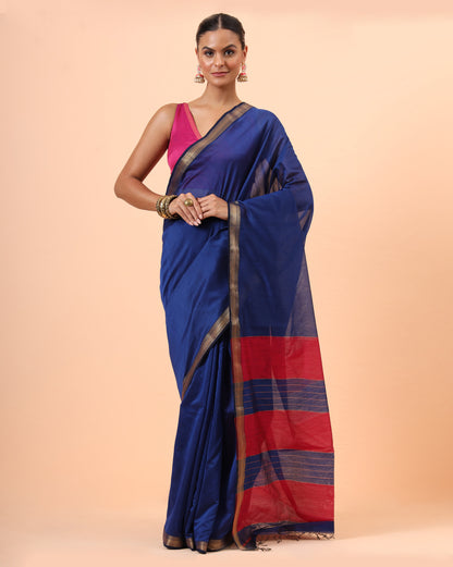 Navy Blue Maheshwari Handwoven Jari Pallu Saree