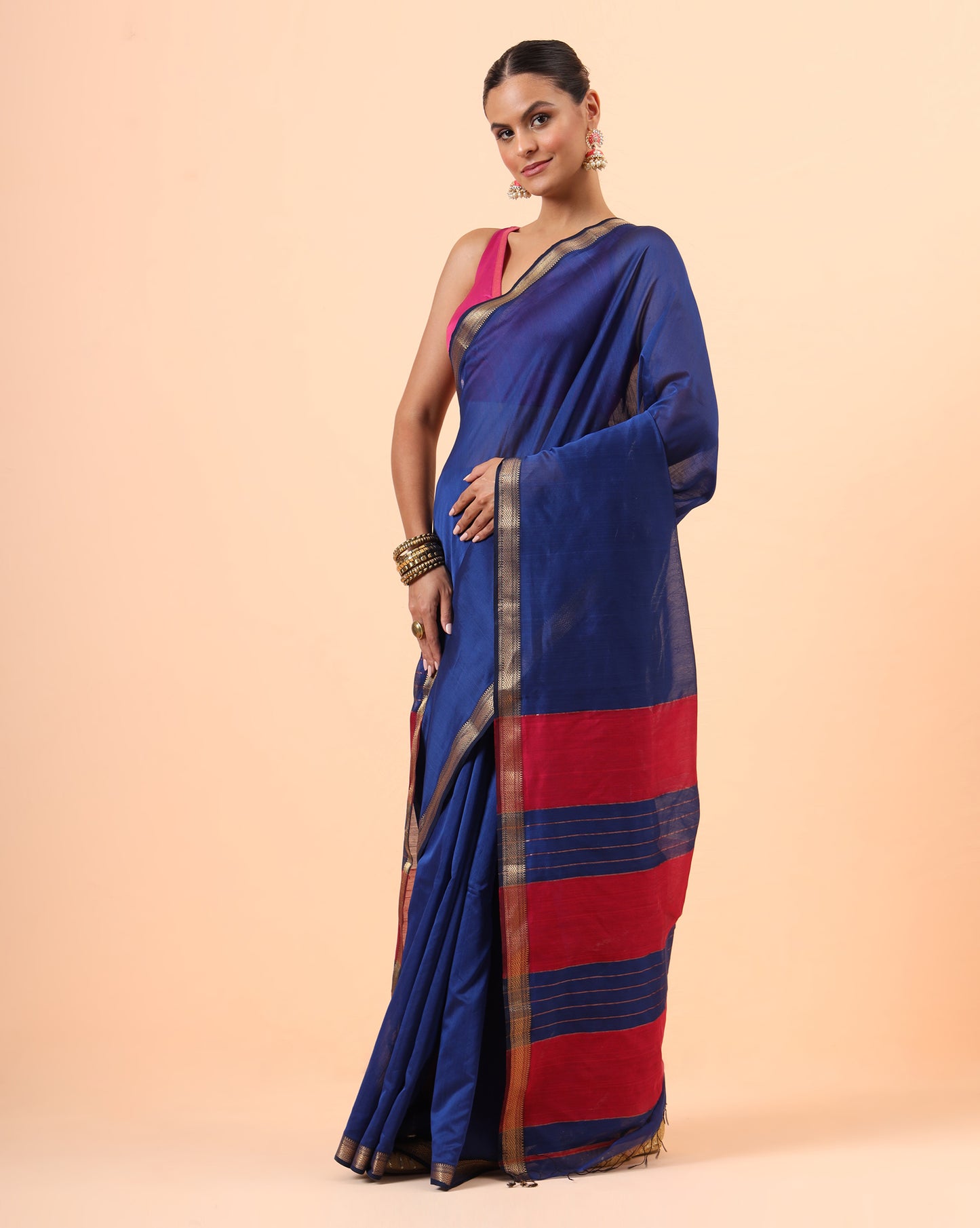 Navy Blue Maheshwari Handwoven Jari Pallu Saree