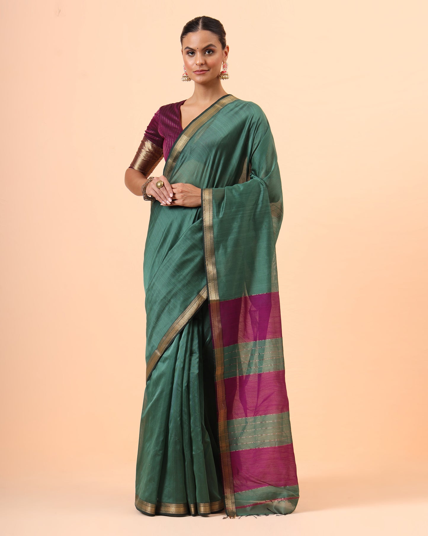 Dark Teal Green Maheshwari Handwoven