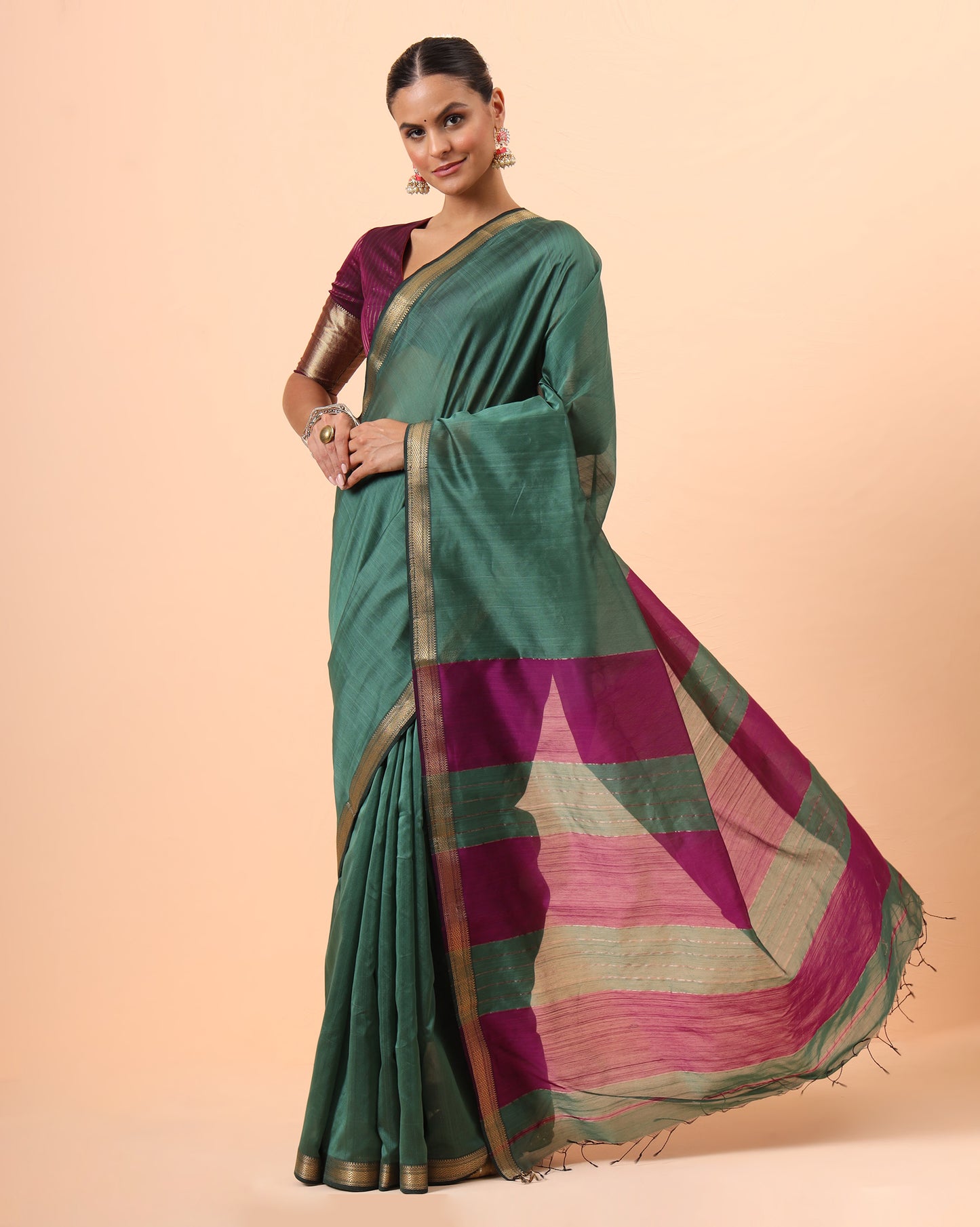 Dark Teal Green Maheshwari Handwoven