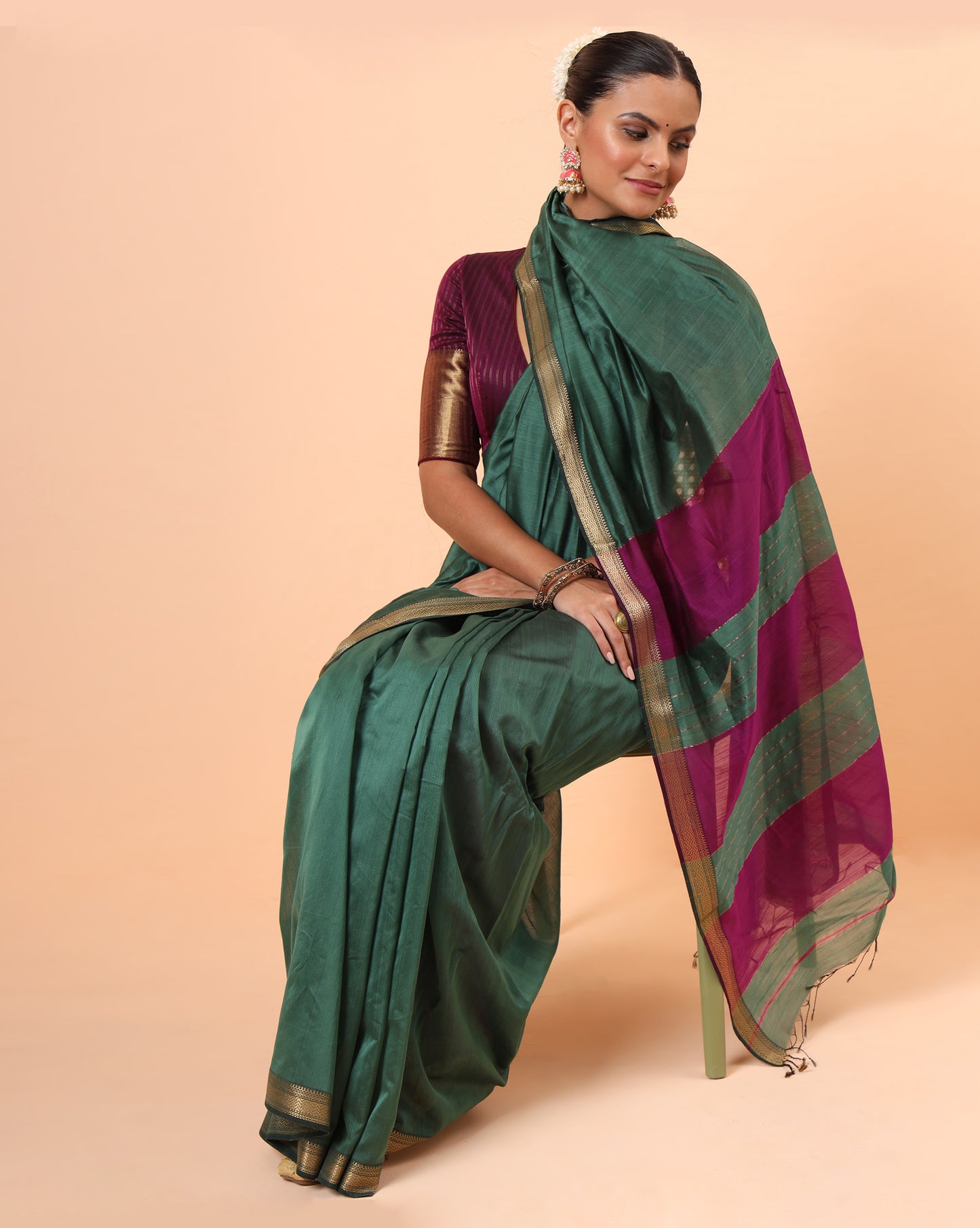 Dark Teal Green Maheshwari Handwoven