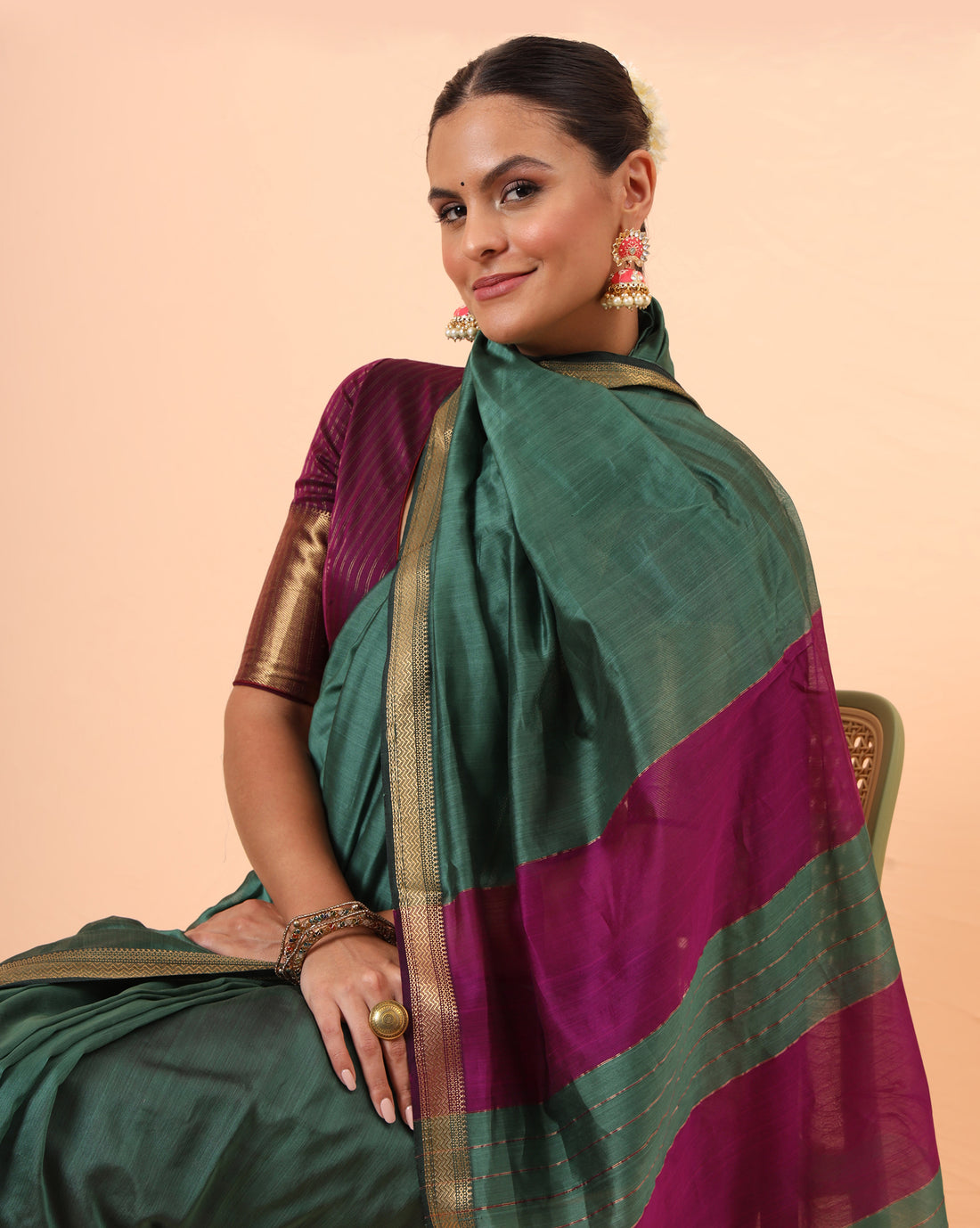 Dark Teal Green Maheshwari Handwoven