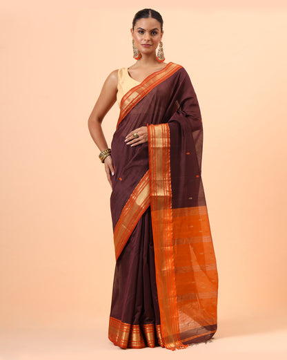 Wine Maheshwari Handwoven Jari Butti Pallu