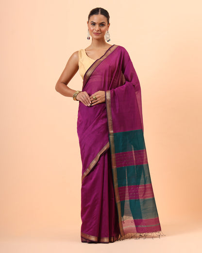 Wine Maheshwari Handwoven Saree